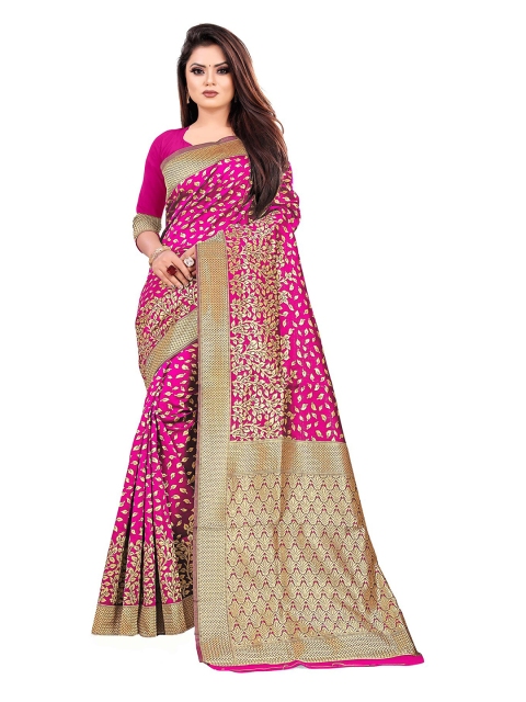 

Anjaneya Sarees Pink & Gold-Toned Woven Design Silk Blend Banarasi Saree