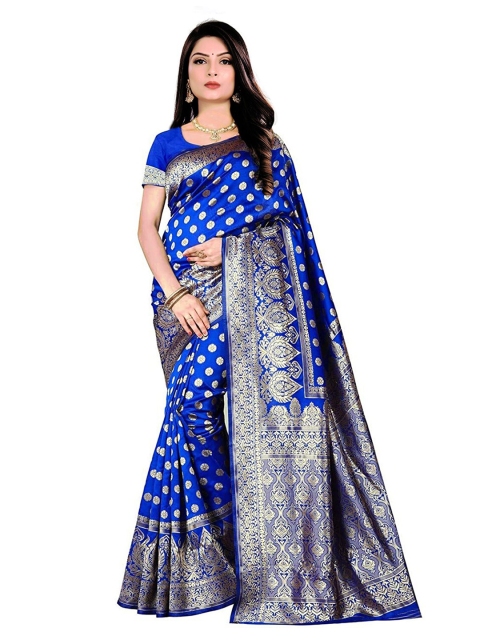 

Anjaneya Sarees Blue & Gold-Toned Woven Design Zari Silk Blend Ready to Wear Banarasi Saree