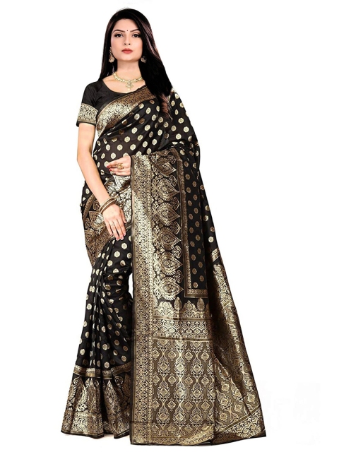 

Anjaneya Sarees Black & Gold-Toned Woven Design Zari Silk Blend Banarasi Saree