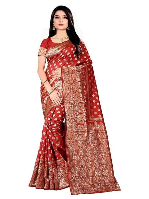 

Anjaneya Sarees Red & Gold-Toned Woven Design Zari Silk Blend Ready to Wear Banarasi Saree