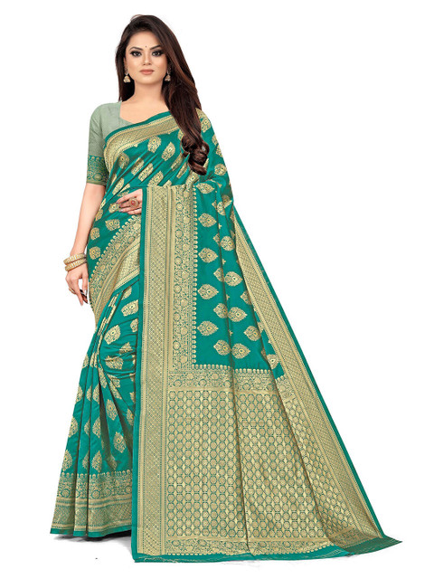 

Anjaneya Sarees Green & Gold-Toned Woven Design Zari Silk Blend Ready to Wear Banarasi Saree