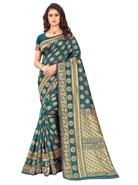 

Anjaneya Sarees Green & Gold-Toned Woven Design Zari Silk Blend Banarasi Saree
