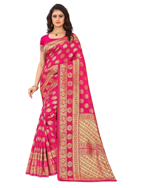 

Anjaneya Sarees Peach-Coloured & Gold-Toned Woven Design Zari Silk Blend Ready to Wear Banarasi Saree