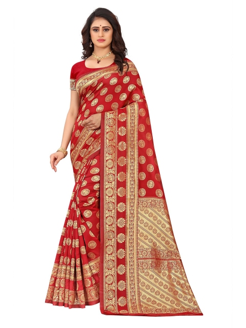 

Anjaneya Sarees Red & Gold-Toned Woven Design Zari Silk Blend Ready to Wear Banarasi Saree