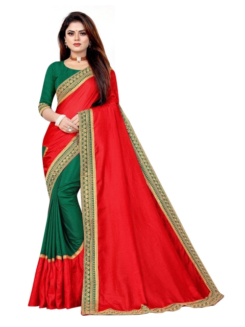 

Anjaneya Sarees Green & Red Woven Design Zari Silk Blend Ready to Wear Saree