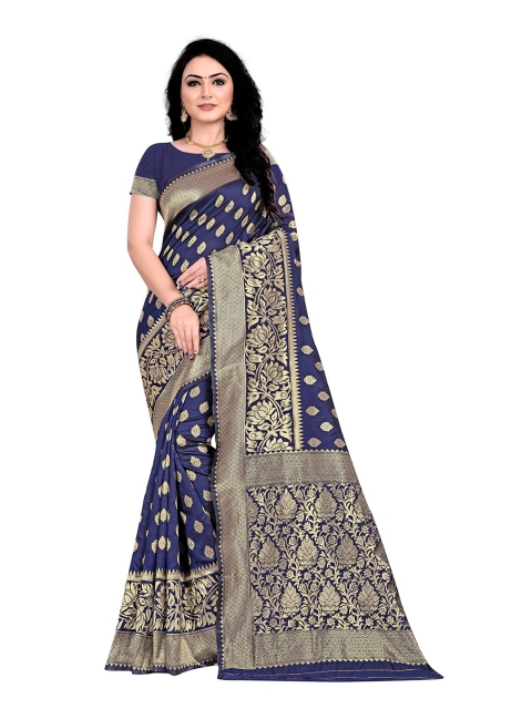 

Anjaneya Sarees Blue & Gold-Toned Woven Design Zari Silk Blend Banarasi Saree