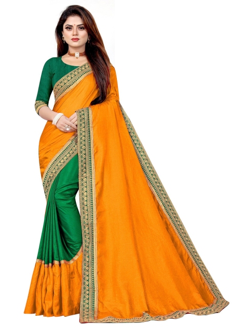 

Anjaneya Sarees Green & Orange Zari Silk Blend Ready to Wear Saree