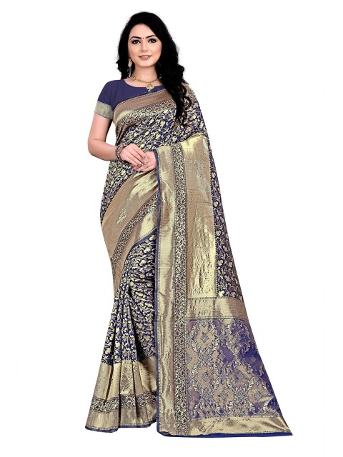 

Anjaneya Sarees Blue & Gold-Toned Woven Design Zari Silk Blend Ready to Wear Banarasi Saree