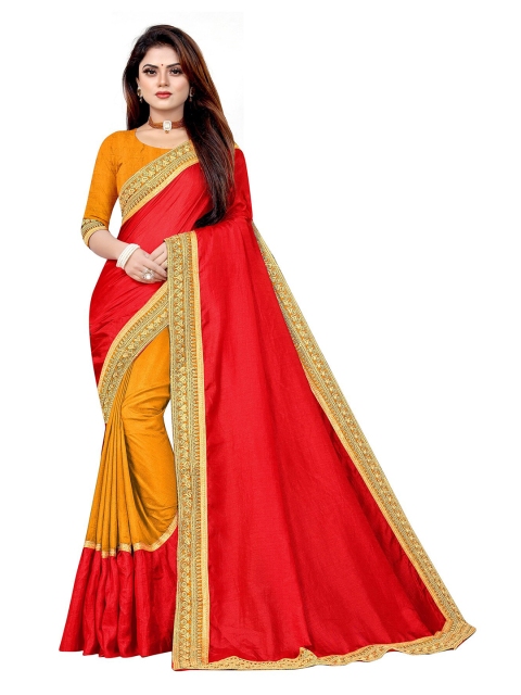 

Anjaneya Sarees Mustard & Red Zari Silk Blend Ready to Wear Saree