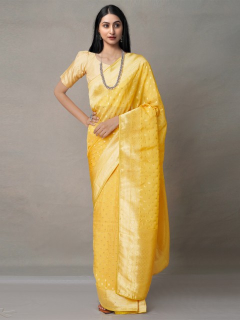 

Unnati Silks Yellow & Gold-Toned Woven Design Zari Pure Silk Banarasi Saree