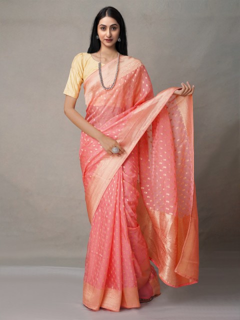 

Unnati Silks Pink & Gold-Toned Woven Design Zari Pure Silk Banarasi Saree