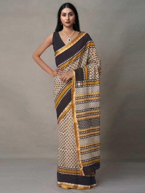 

Unnati Silks Cream-Coloured & Black Ethnic Motifs Pure Cotton Block Print Saree