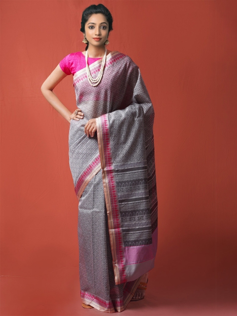 

Unnati Silks Grey & Pink Ethnic Motifs Silk Cotton Block Print Saree