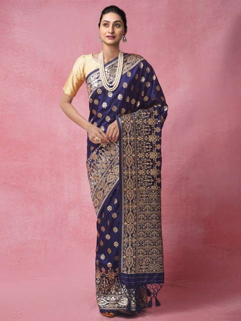 

Unnati Silks Blue & Gold-Toned Woven Design Zari Silk Cotton Banarasi Saree