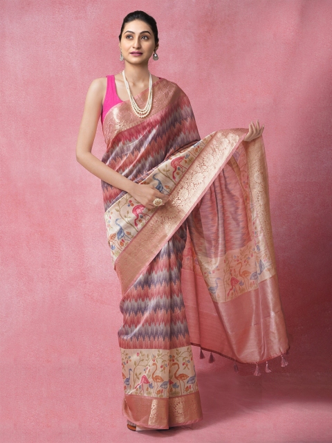 

Unnati Silks Brown & Pink Woven Design Zari Silk Cotton Banarasi Saree