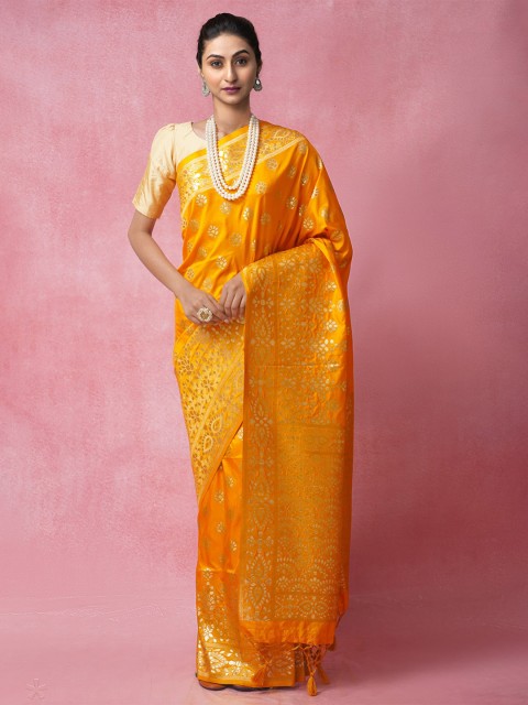 

Unnati Silks Yellow & Gold-Toned Woven Design Zari Silk Cotton Banarasi Saree