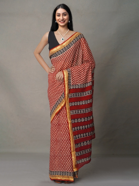 

Unnati Silks Maroon & Beige Ethnic Motifs Pure Cotton Block Print Saree