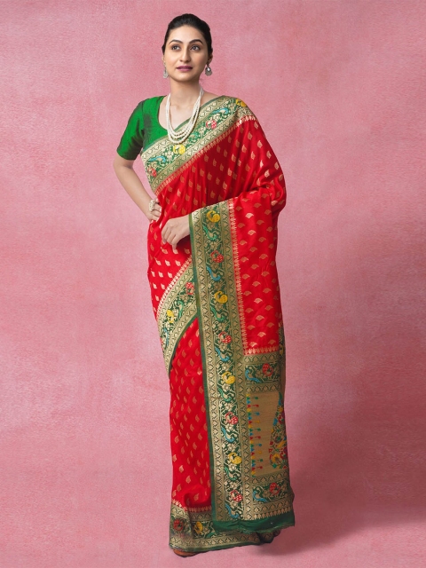 

Unnati Silks Red & Green Woven Design Zari Silk Blend Paithani Saree