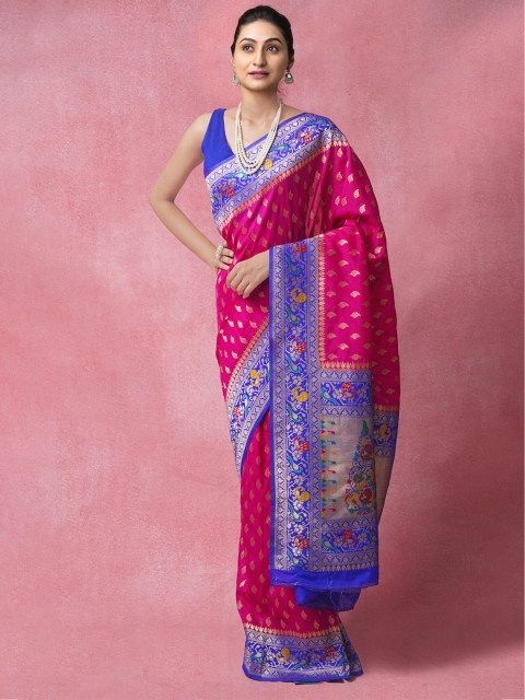 

Unnati Silks Pink & Blue Woven Design Zari Silk Blend Paithani Saree