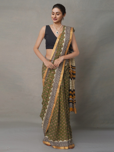 

Unnati Silks Green & Brown Ethnic Motifs Pure Cotton Block Print Saree