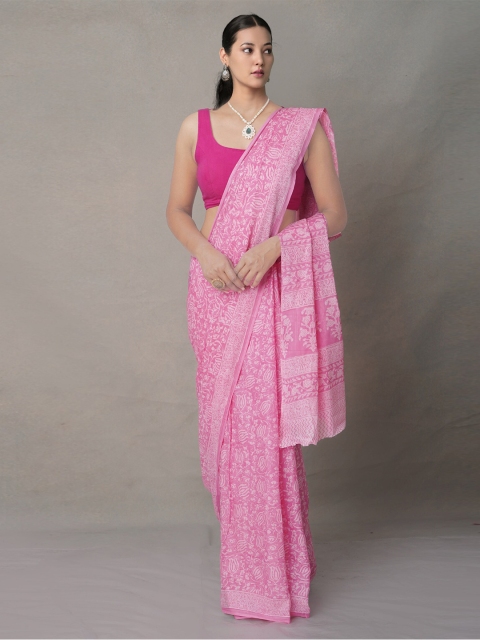 

Unnati Silks Pink & White Ethnic Motifs Pure Cotton Block Print Saree