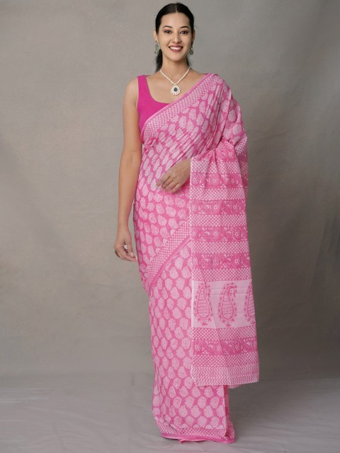 

Unnati Silks Pink & White Ethnic Motifs Pure Cotton Block Print Saree