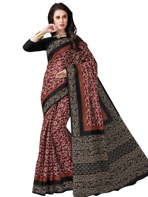 

SHANVIKA Maroon & Black Floral Pure Cotton Block Print Saree