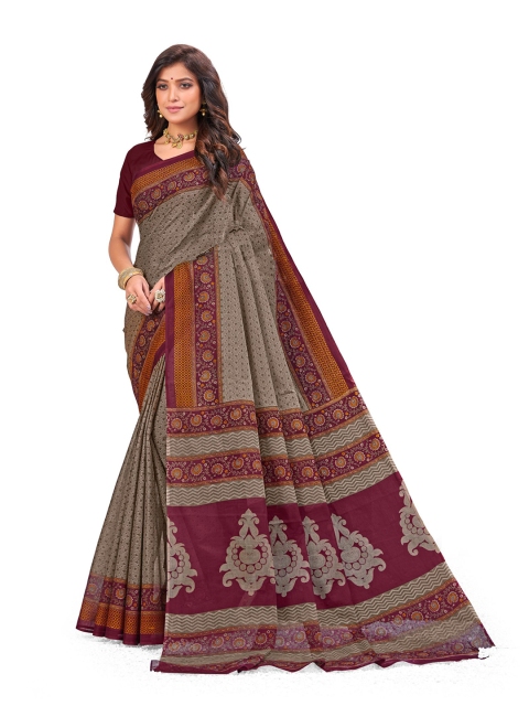 

SHANVIKA Grey & Maroon Pure Cotton Block Print Saree