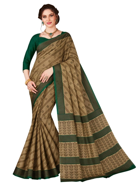 

SHANVIKA Green & Brown Striped Pure Cotton Block Print Saree