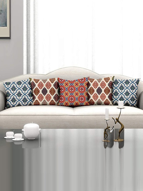 

homewards White & Red Set of 5 Floral Satin Square Cushion Covers