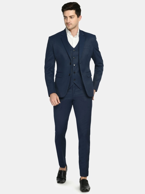

TrulyFeb Men 3 Piece Navy Blue Self Design Slim-Fit Suits