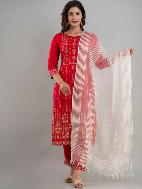 

CKM Women Pink Embroidered Layered Kurti with Churidar & With Dupatta