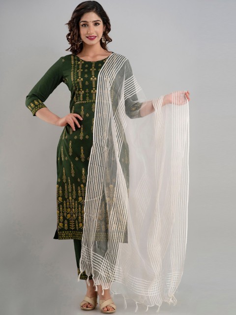 

CKM Women Green Ethnic Motifs Embroidered Pleated Kurti with Salwar & With Dupatta