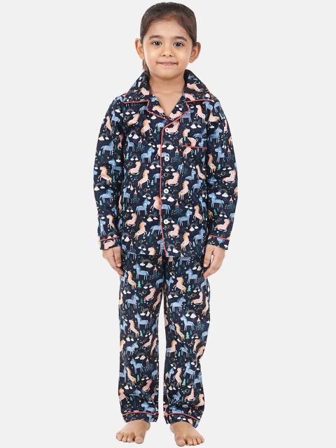 

Hippodrome Unisex Kids Navy Blue & Pink Printed Night suit