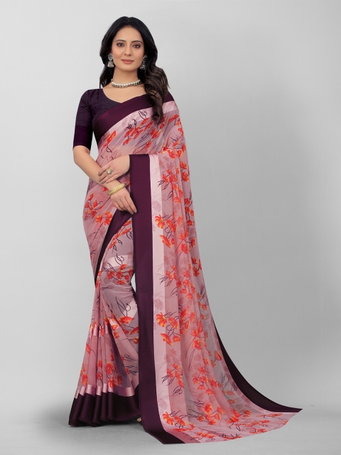 

APNISHA Red & Purple Floral Pure Georgette Saree