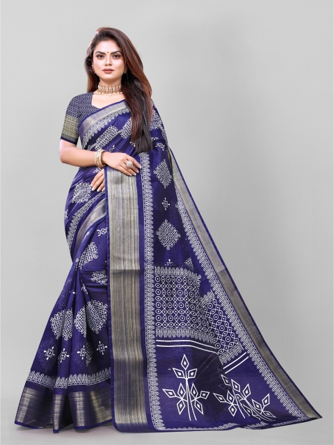 

APNISHA Navy Blue & White Zari Pure Cotton Saree