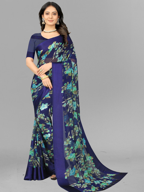 

APNISHA Blue & Green Floral Pure Georgette Saree