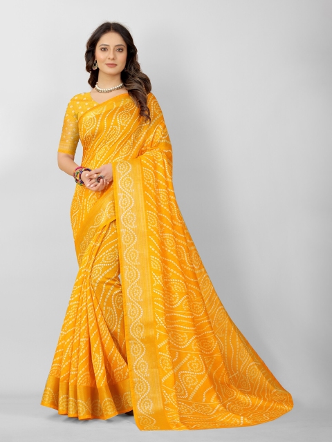 

APNISHA Yellow & White Bandhani Zari Pure Cotton Saree