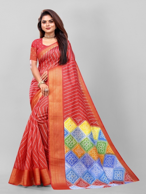 

APNISHA Red & Blue Bandhani Zari Pure Cotton Saree