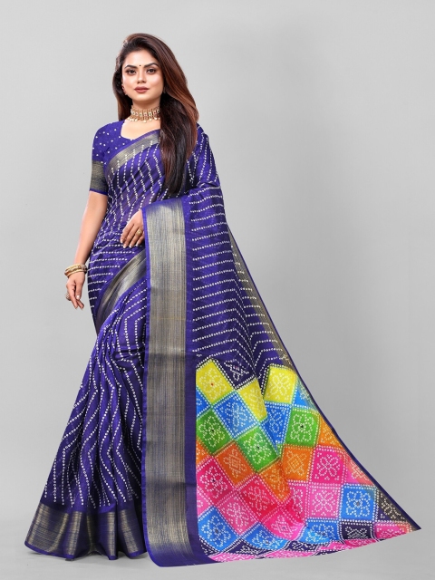 

APNISHA Navy Blue & Orange Bandhani Zari Pure Cotton Saree