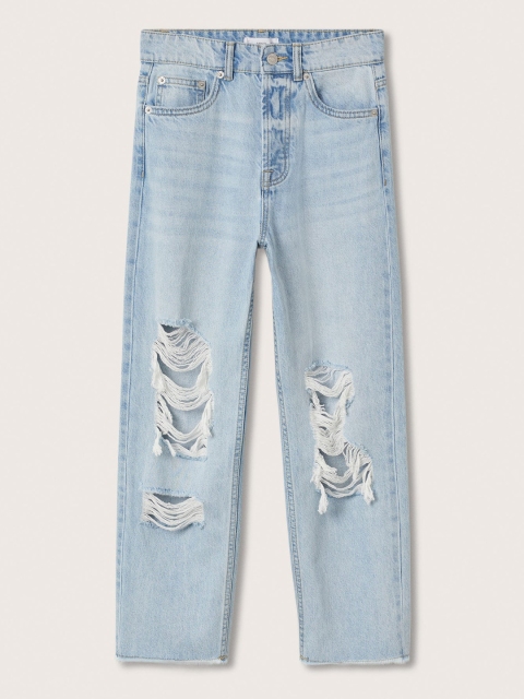 

Mango Kids Teen Girls Blue Straight Fit Highly Distressed Light Fade Cotton Frayed Jeans