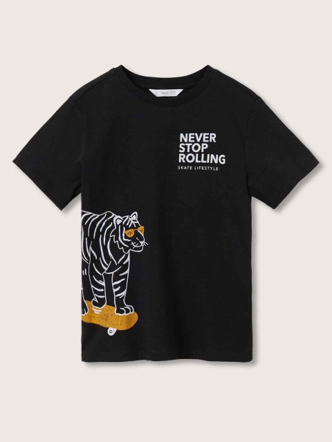 

Mango Kids Boys Black & White Tiger & Typography Printed Pure Cotton T-shirt