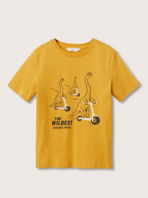 

Mango Kids Boys Mustard Yellow & Black Dinosaur Printed Pure Cotton T-shirt
