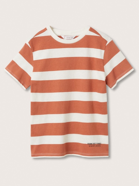 

Mango Kids Boys Rust Orange & White Striped Pure Cotton T-shirt