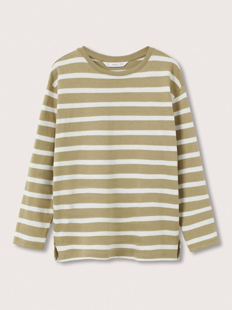 

Mango Kids Boys Olive Green & White Striped Pure Cotton T-shirt