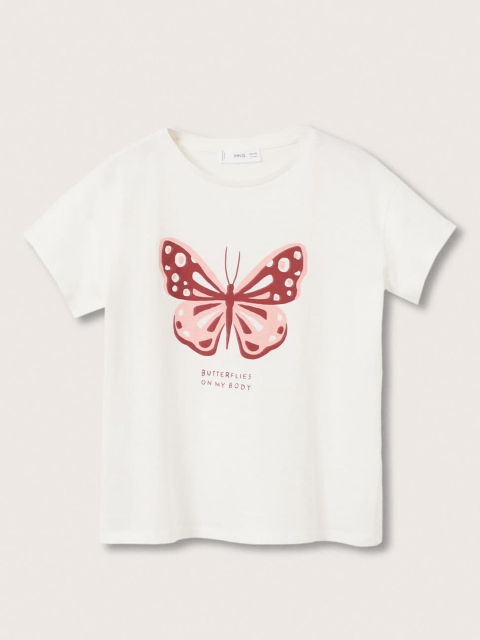 

Mango Kids Girls White & Peach-Coloured Graphic Print Cotton T-shirt