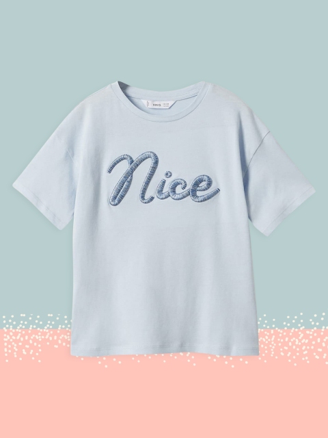 

Mango Kids Girls Blue Typography Embroidered Drop-Shoulder Sleeves Cotton T-shirt