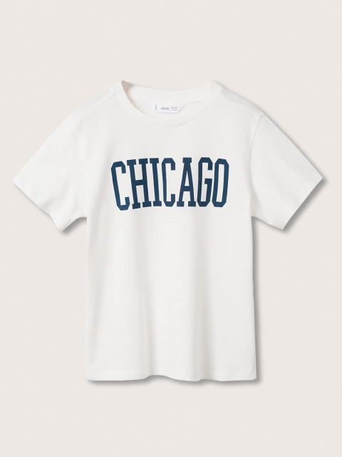 

Mango Kids Boys White & Navy Blue Printed Pure Cotton T-shirt