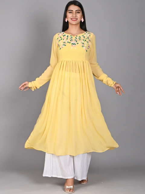 

Bavaria Women Yellow Printed Pleated Thread Work Kurta with Dhoti Pants