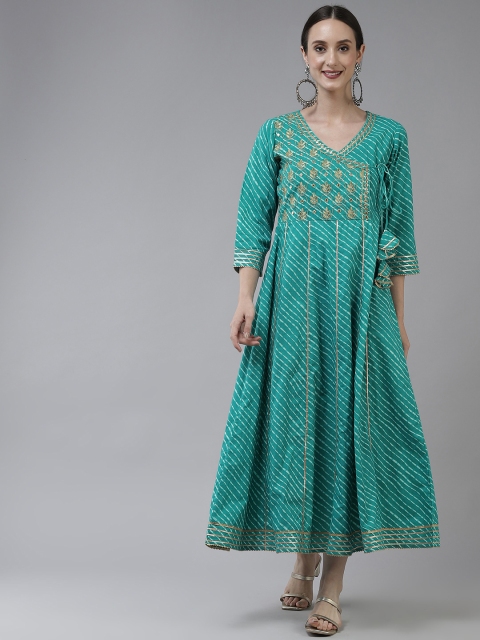 

Yufta Sea Green Ethnic Motifs Embroidered Angrakha Style Pure Cotton Ethnic Maxi Dress